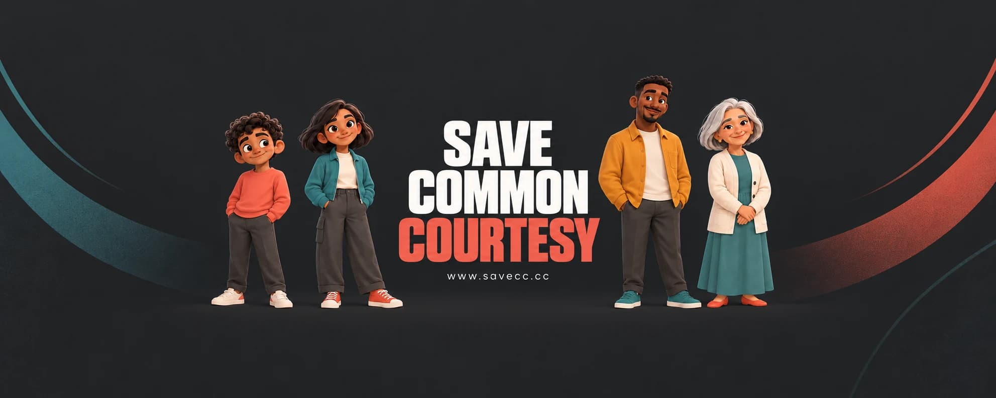 شخصيات Save Common Courtesy حول شعار المبادرة وموقع www.savecc.cc